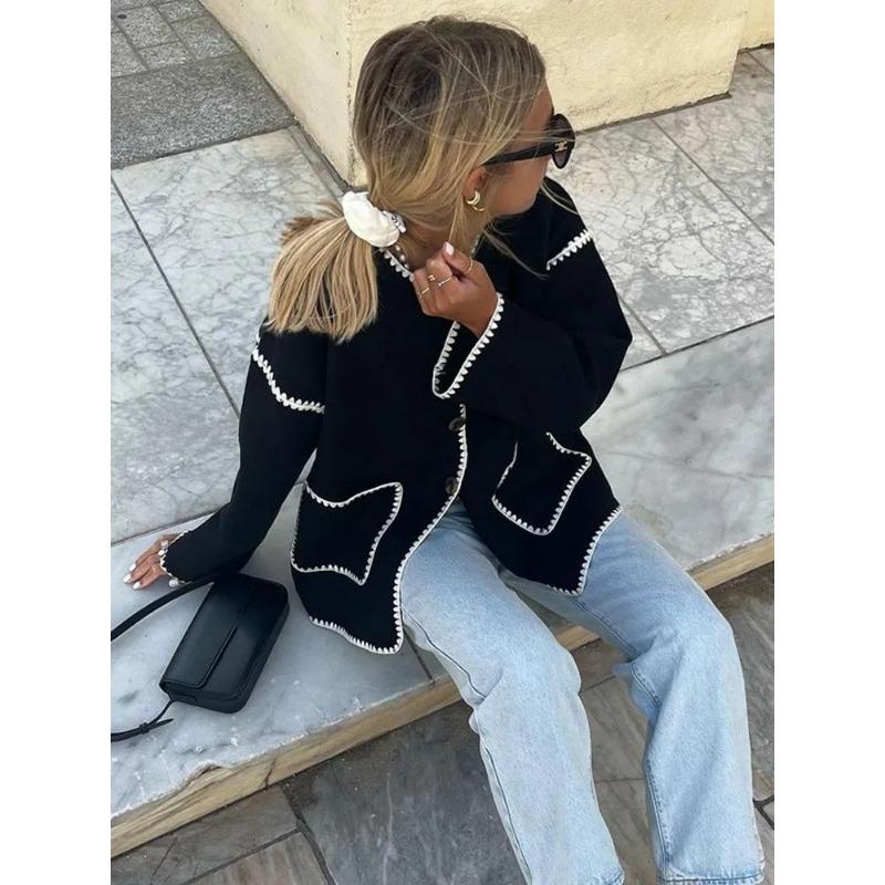 Шикарные карманные лоскутные вязаные укороченные куртки Женский однобортный кардиган — фото 7