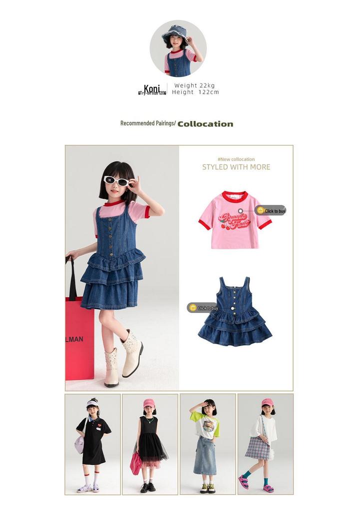 Girls' Summer Casual Denim Suspender Dress - Stylish & Loose Fit
