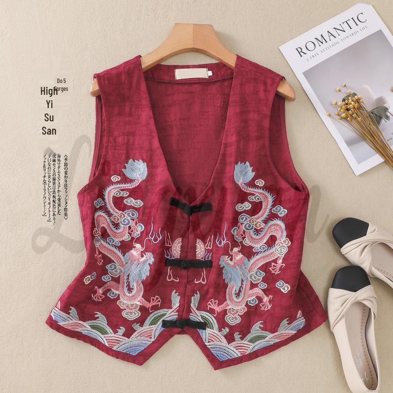2026 Spring/Summer Retro Ethnic V-neck Embroidered Cotton Linen Sleeveless Vest for Women