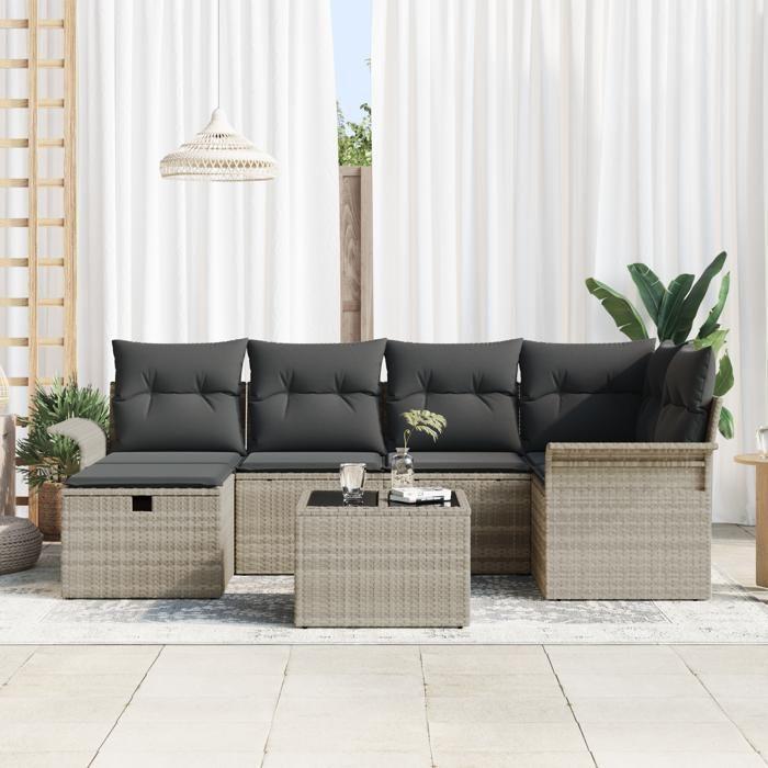Ensemble de 7 Pièces de Canapé de Jardin avec Coussins en Poly Rotin Gris Clair, Canapé de Jardin 2 Places avec Rangement 3360223