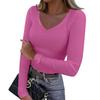 Women's  And Winter Slim Bottom T-shirt Fashion Casual Solid Color V-Neck Pullover Long Sleeve Top