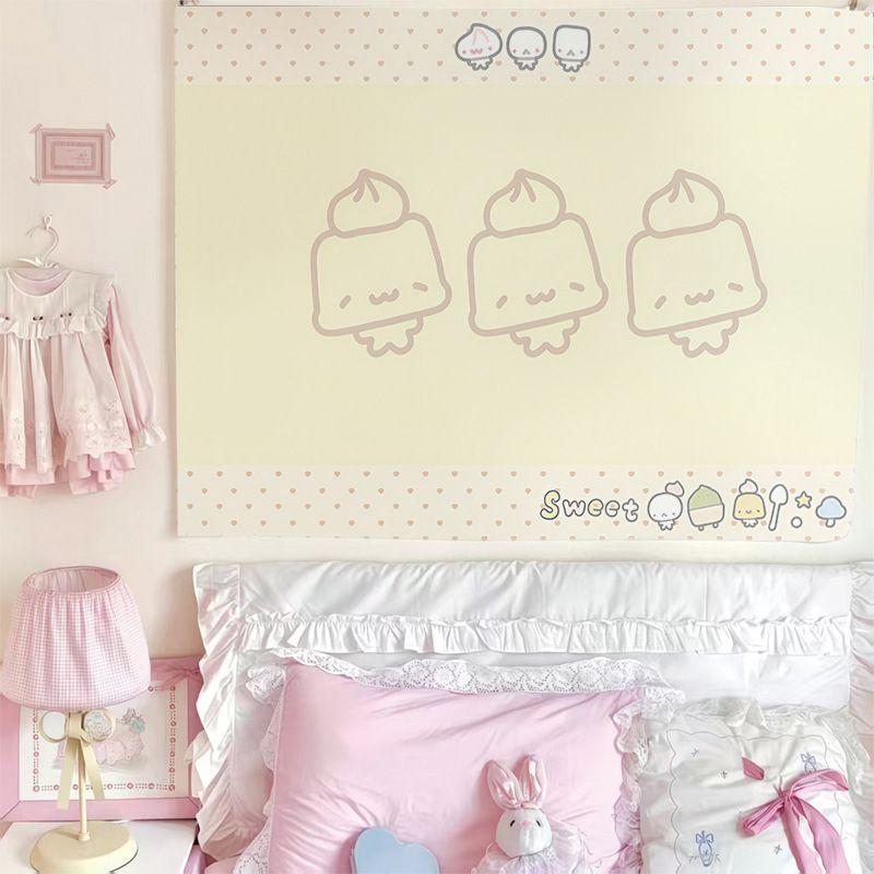 Kawaii Cartoon Stickers Tapestry Wall Hanging Pastel Pink Yellow Cute Characters Aesthetic Wall Art Bedroom Dorm Decor