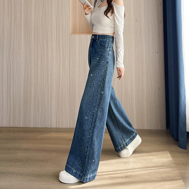 Women's Rhinestone Wide-Leg Jeans 2026 New High-Waisted Loose Design with Draped Straight Legs