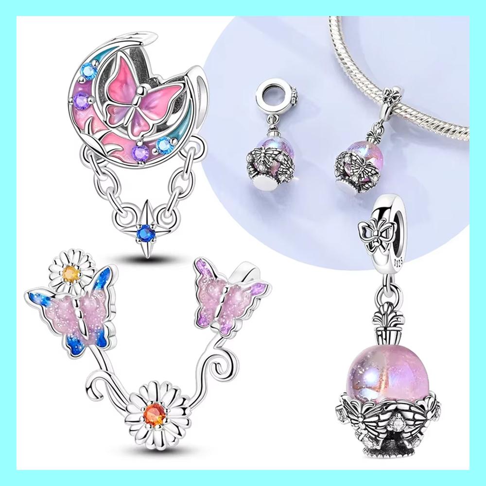 Pink Butterfly Colourful Moon Flower Charm Bead Fits Genuine Copper Certified Bracelets Anniversaries Gifts DoItYourself
