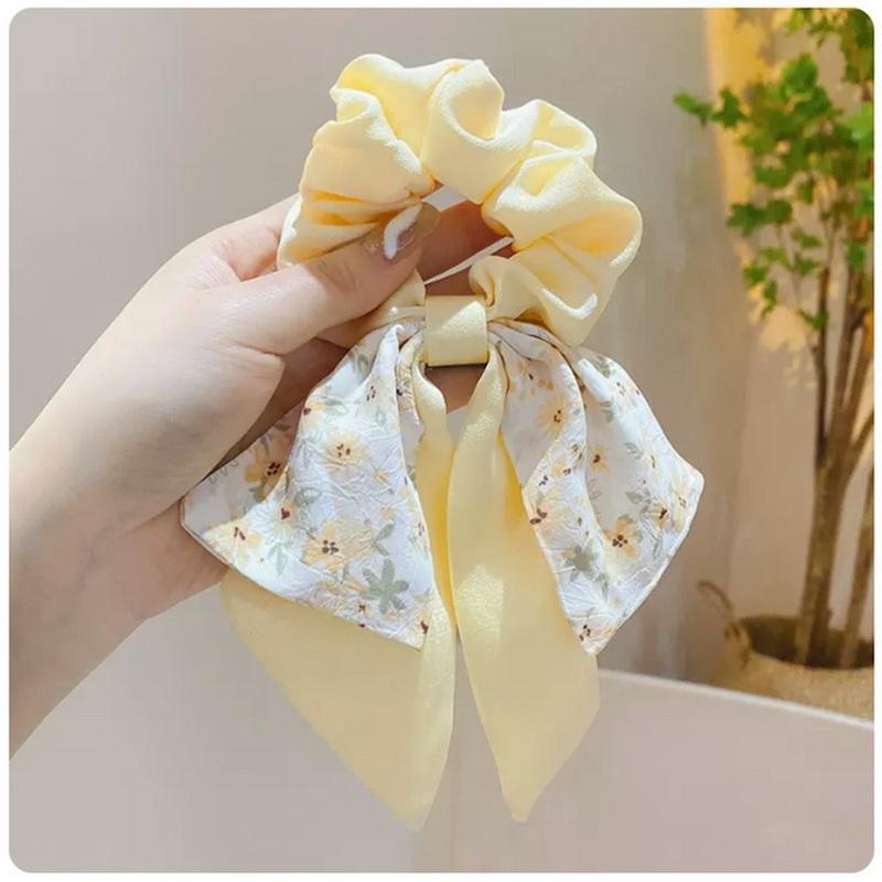Korea Blumen Schleife Scrunchies für Frauen Satin Langes Band Pferdeschwanz Schal Mädchen Haargummis Druck Elastische Haarbänder Accessoires