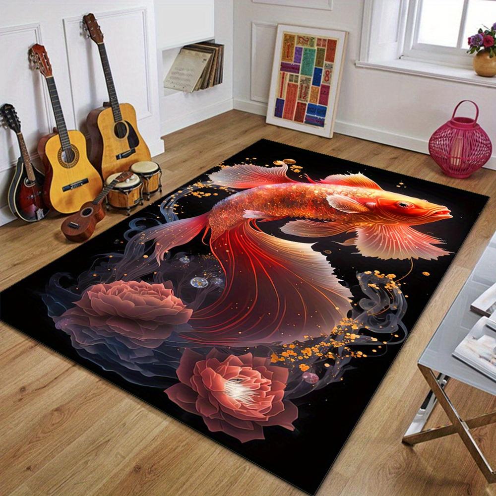 Luxurious Koi Fish Carpet with Golden Accents,  Crystal Velvet Anti-Slip Area Rug, Elegant Home Decor for Living Room or