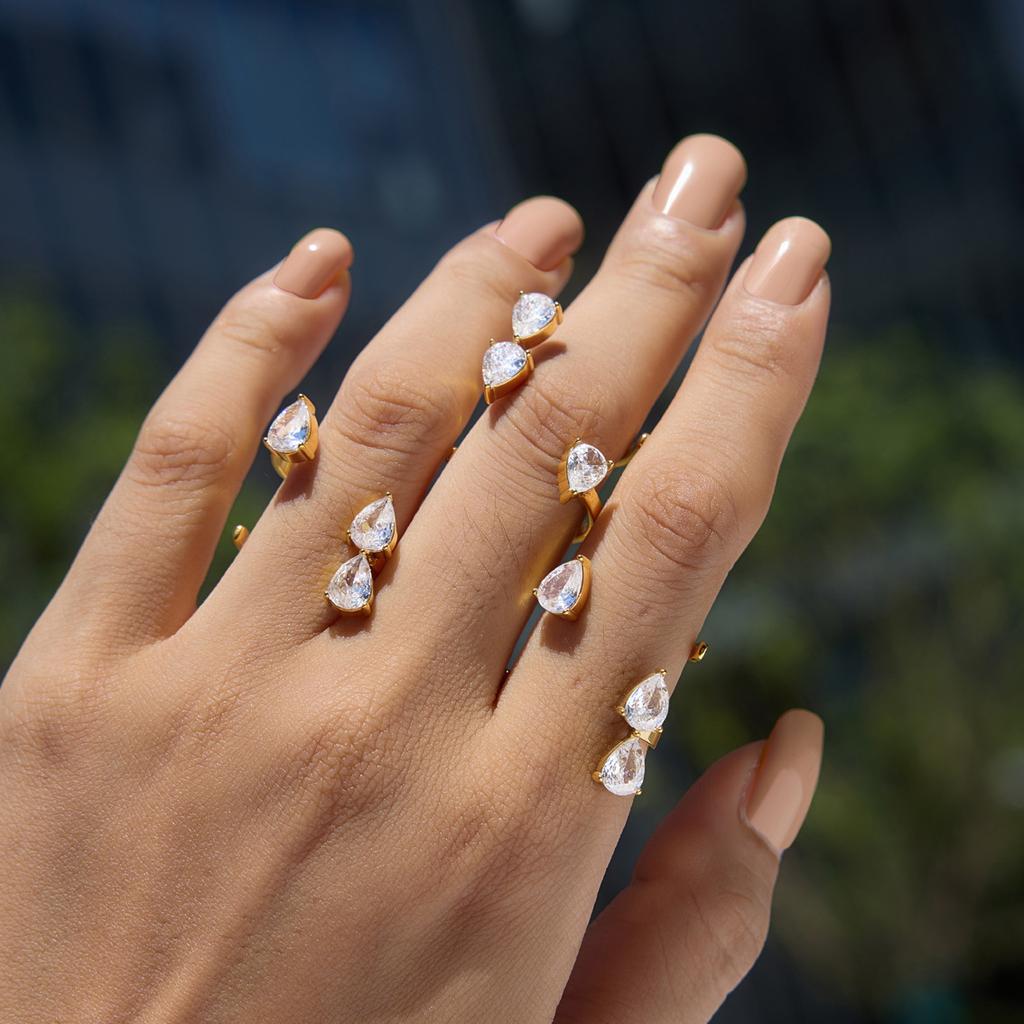 Luxury Waterdrop Zircon Hollow Opening Ring for Women Stainless Steel Gold Plated Waterproof Geometric Jewelry Rust Proof