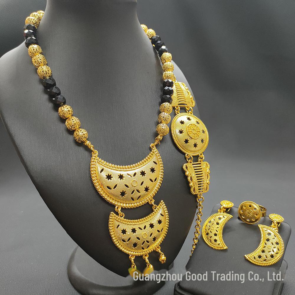 

Набір африканських ювелірних виробів Наречена Дубая з позолотою 24 карати: Намисто, браслет, сережки та каблучка