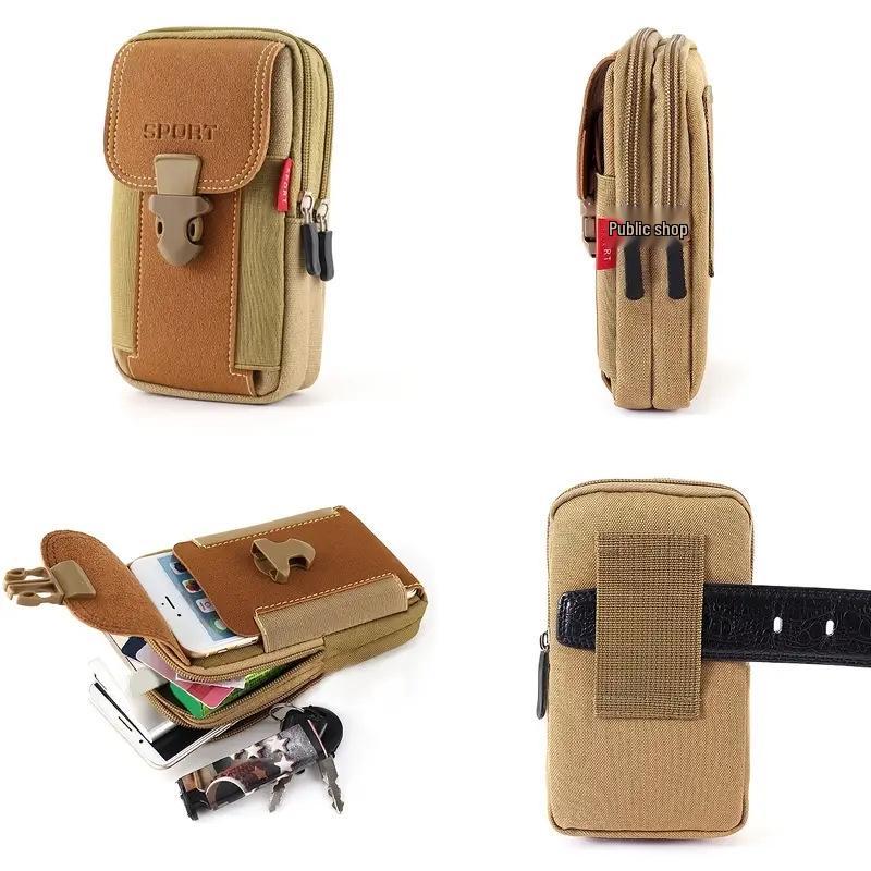 Men's Outdoor Leather Waist Bag: Mobile Phone Protective Case with Belt Loop and Coin Purse, Three-Layer Design.