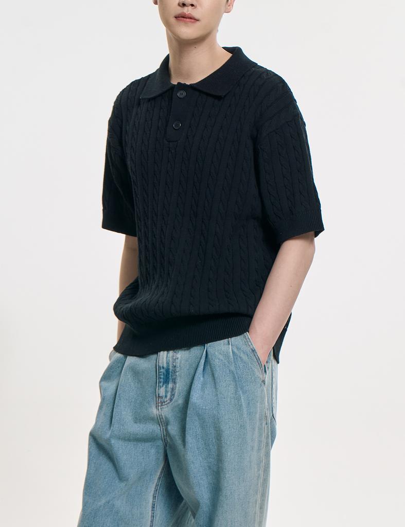 CLEVER FIELD Urban Cotton Cable Collar Knit_Black
