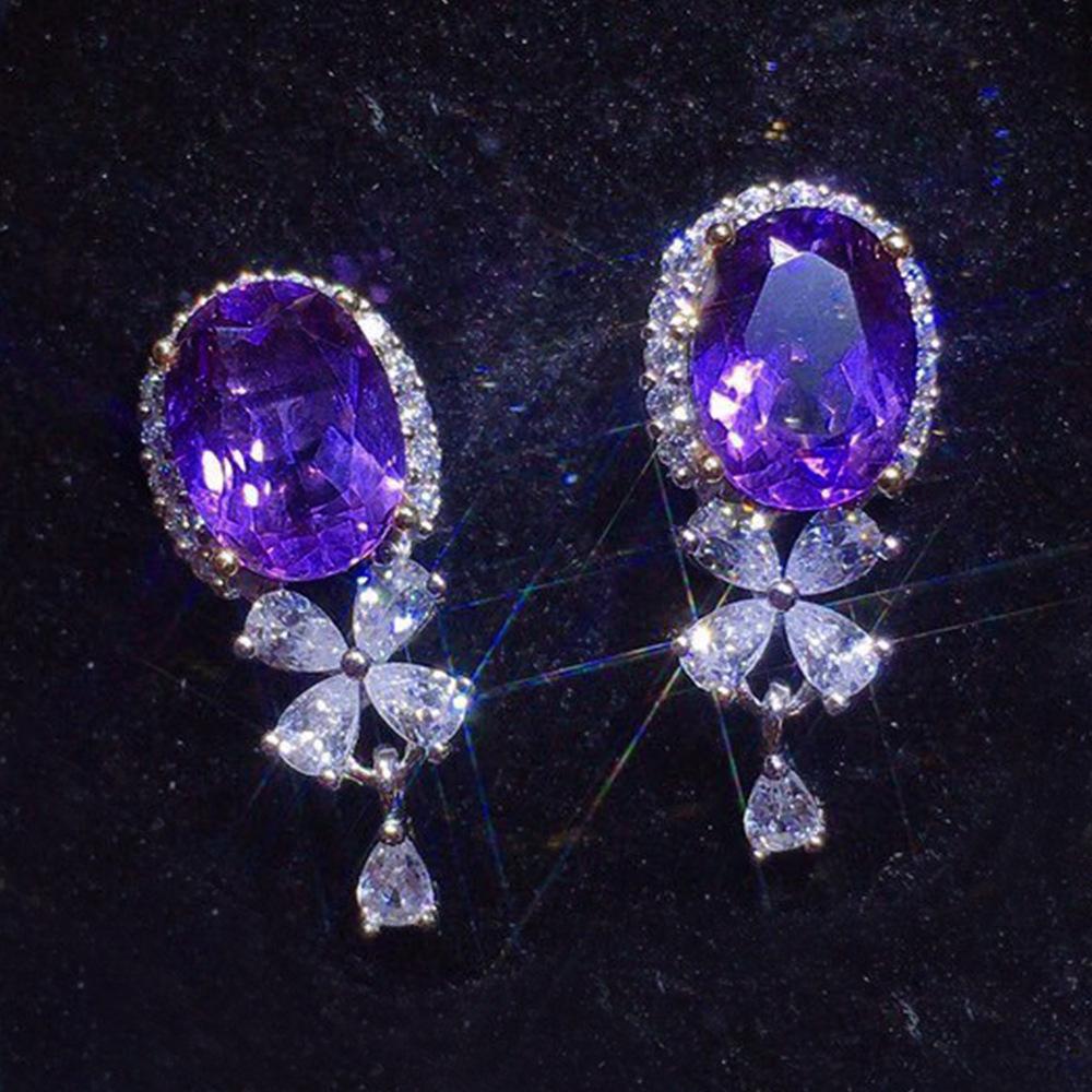 Silver Oval Amethyst Purple CZ Floral Dangle Earrings Halo Pave Crystal Flower Drop Earrings Women Elegant Jewelry