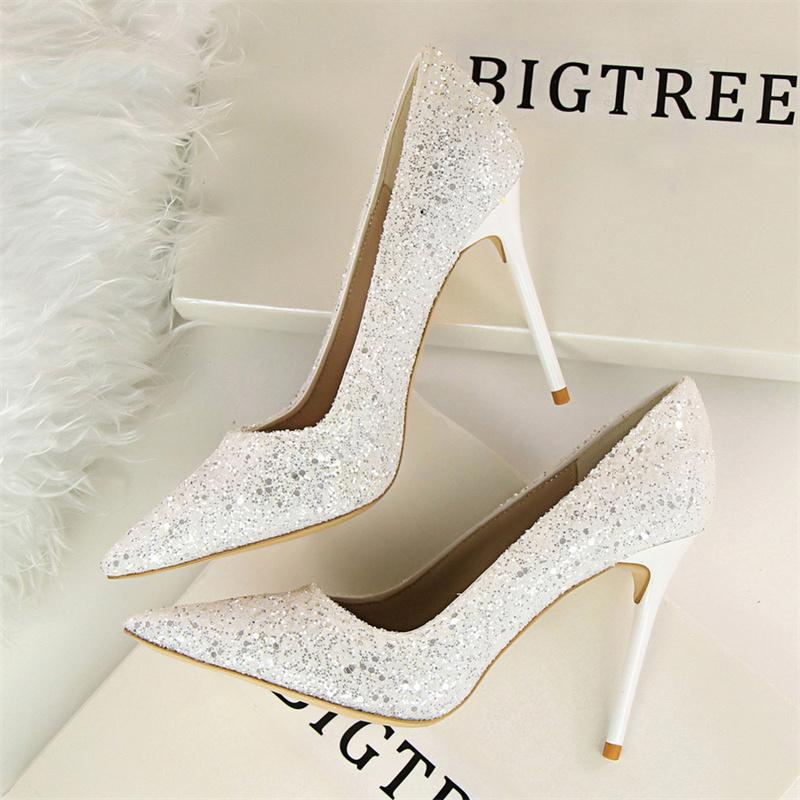  Women Fashion Pointed Toe Thin High Heels Sequins Glitter Luxury Designer Pumps Wedding Bridal Gold Valentine  Shoes