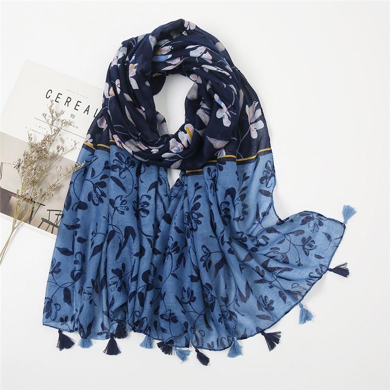 Spain Luxury Brand Navy Blue Lovely Floral Tassel Viscose Shawl Scarf Lady High Quality Wrap Headband Bufandas Muslim Hijab