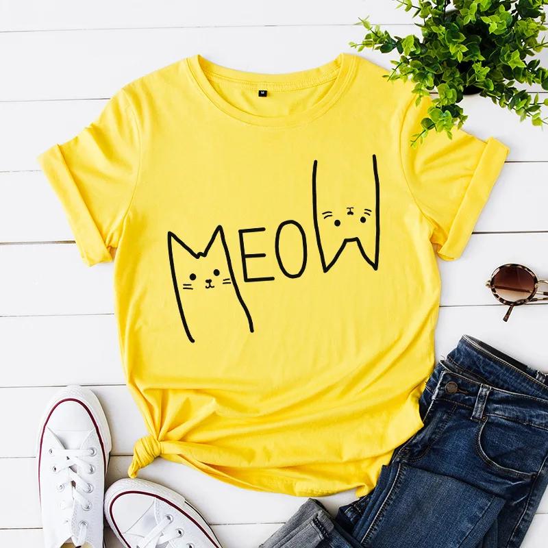 Meow Cat Print T Shirt Women Short Sleeve O Neck Loose Tshirt Summer Women Tee Shirt Tops Camisetas Mujer
