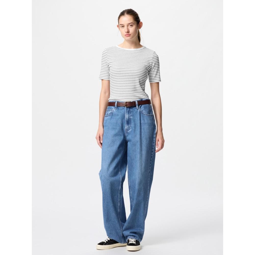 Uniqlo Japan Ribbed BoaT Neck T 5 minuTe Sleeve Border