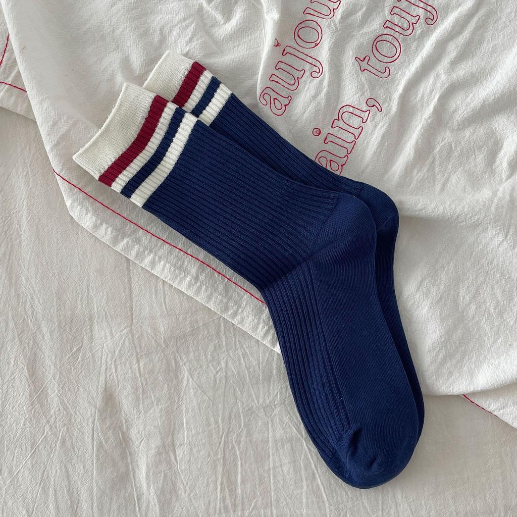Korean Double Needle Striped Cotton Socks Autumn Retro Sports Stockings Piled Up Socks With Socks Stripes