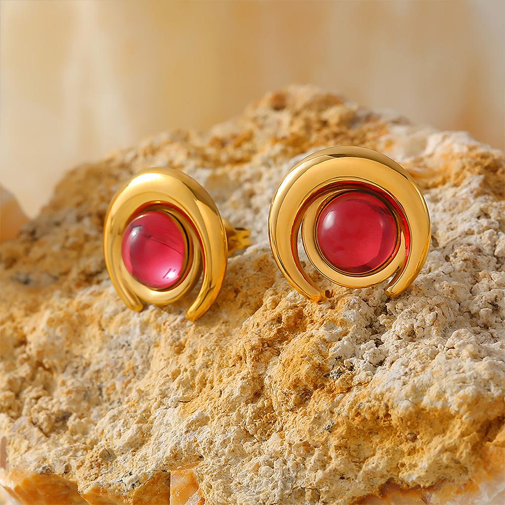 Half-Moon Glass Stone 18K Gold-Plated Stainless Steel Stud Earrings