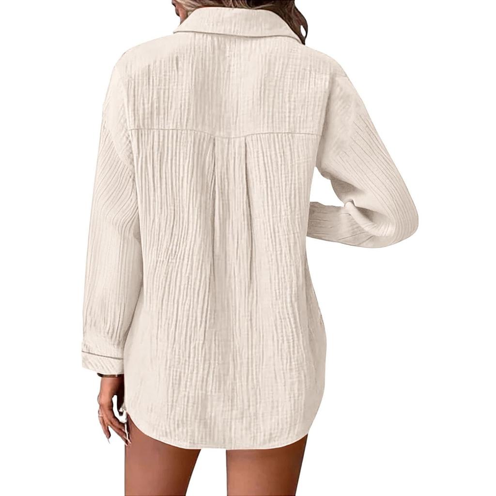 Damen Casual Mode Locker Langarm Stehkragen Einfarbig Leinenhemd