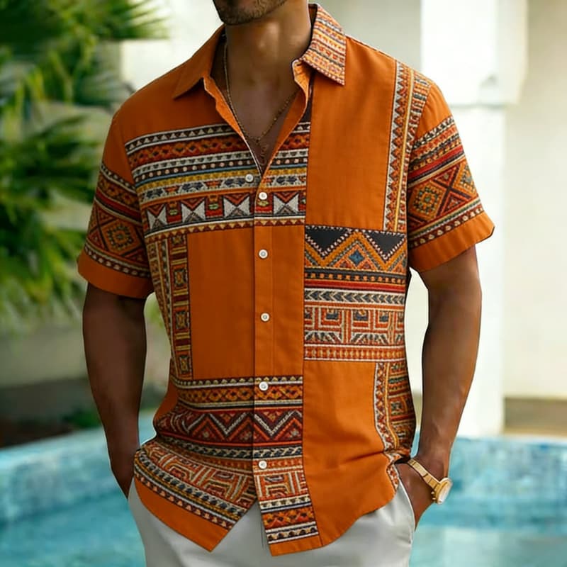 Men's Fashion Ethnic Print Short Sleeve Button Down Shirt Trendy Summer Style For Vacation Party Gathering Daily Commute
