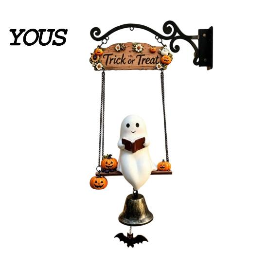 Weather Resistant Yard Ornament Halloween Swing Ghost Doorbell, with Pumpkins Decor, Gothic Style Trick Funny On Decor or Treat Sign, for Farmhouse
