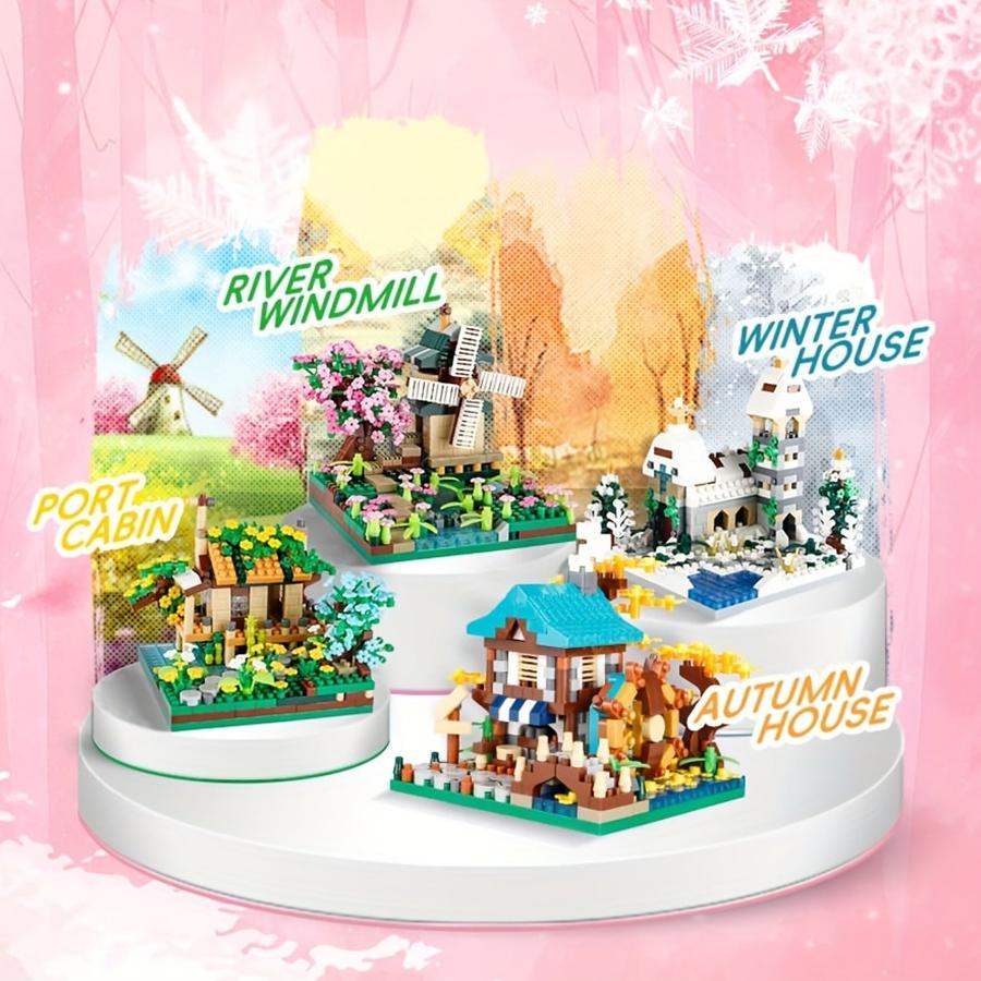 Vier Jahreszeiten Hütte Straßenansicht Bausteine Mikrosteine Spielzeug Kirschblüten Baumhaus DIY Montage Kinderspielzeug Heimdeko