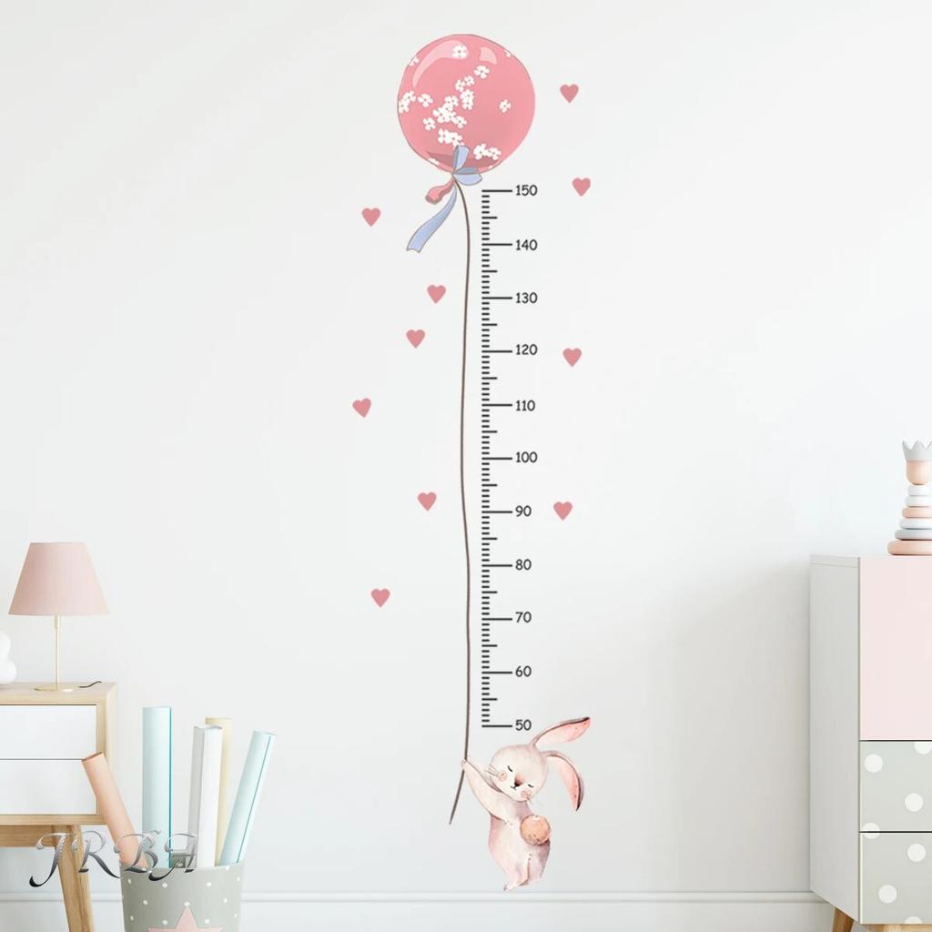 2Pcs Cartoon Cute Pink Rabbit Balloon Height Measurement Wall Stickers for Kids Room Bedroom Home Decoration Wall Decals