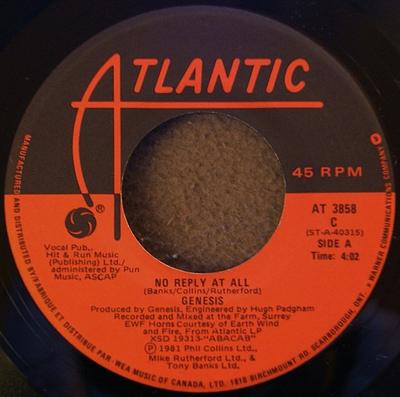 7inch Record GENESIS - No Reply At All AT3858 Atlantic 1981 Canada Rock Used