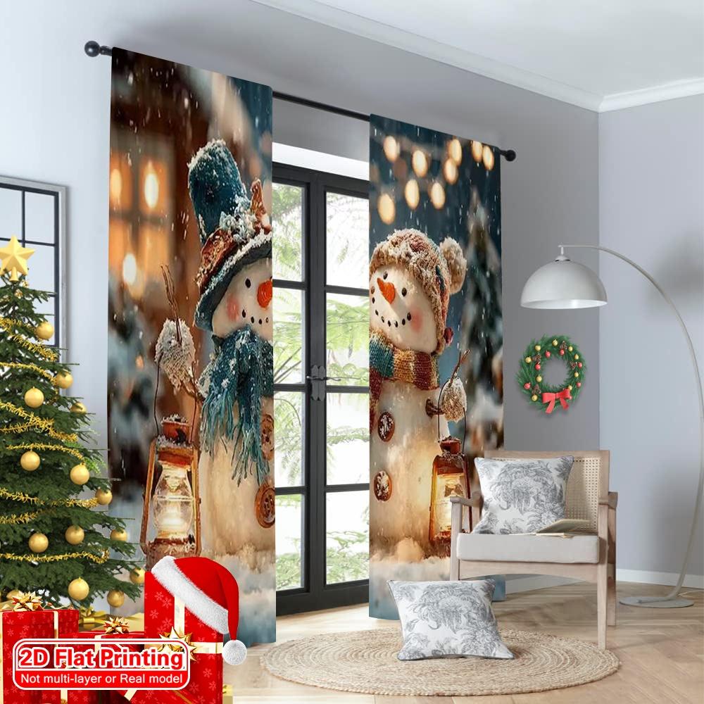 Set Of 2 Flat Printing Merry Christmas Popular Window Curtains Snowman Tree Versatile Fabric Without Electricity Spring Made Polyester