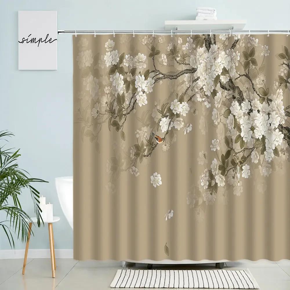 Chinese Landscape Shower Curtain Flowers Branches Plants Birds Animals Bathroom Wall Decor With Hook Waterproof Polyester Screen