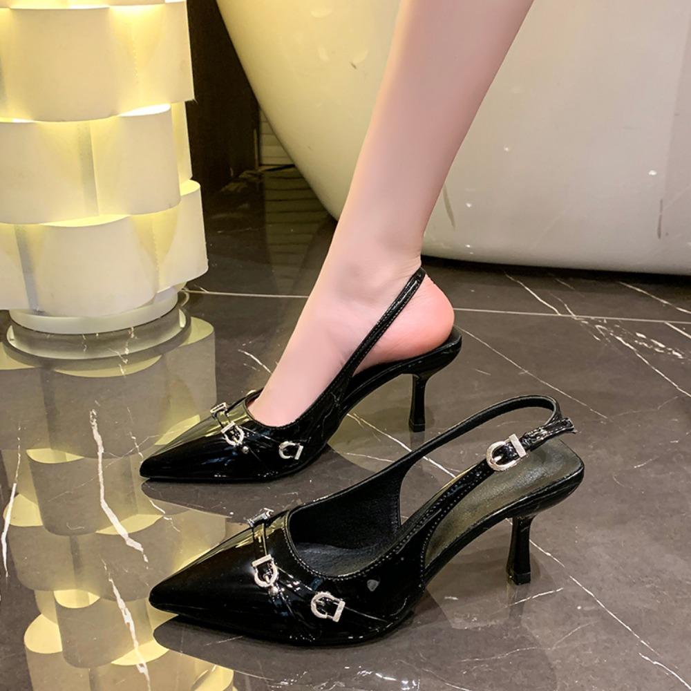 Fashion New Summer Women's Formal Shoes Patent Leather Slip-On Pointed Sandals Buckle Slingback Mid-Heel High Heels  heels