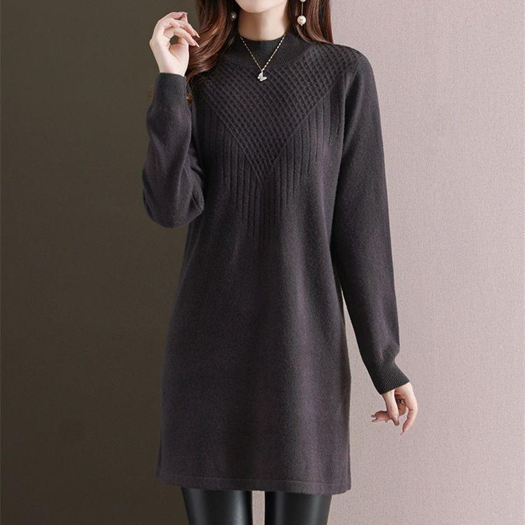 Turtleneck Knitted Dress for Women Loose Mid-length Sweater Dress Solid-color Casual Pullover Autumn and Winter