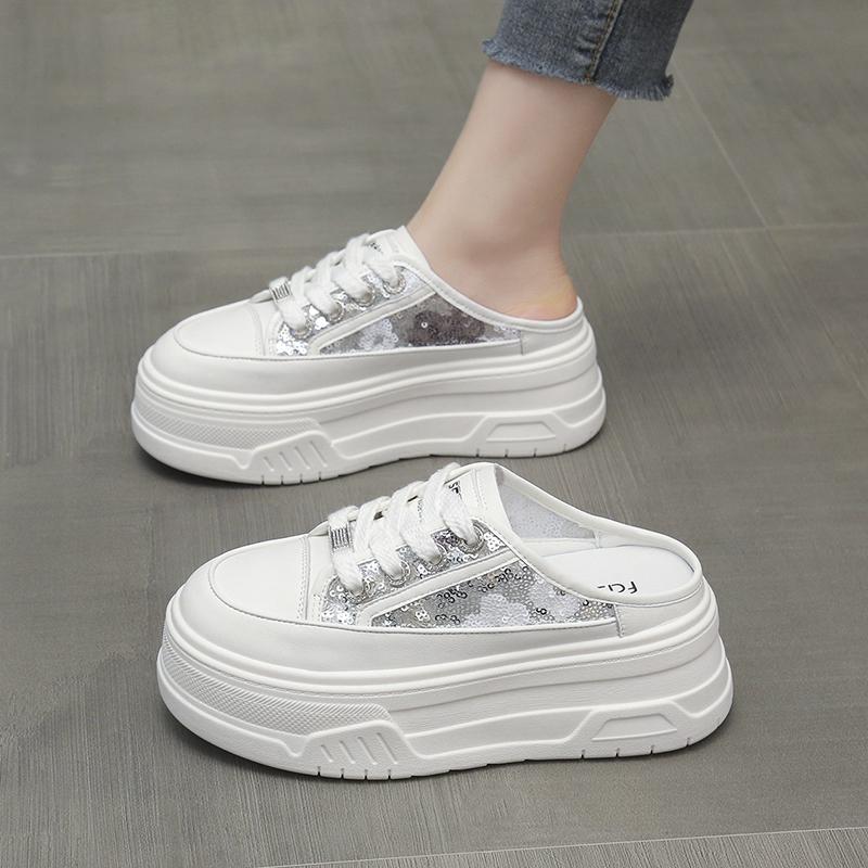 Fashion 2024 Fashion Women's Slippers with Shiny Sequins, Waterproof Platform, and Backless Lazy Toe Cap slides women