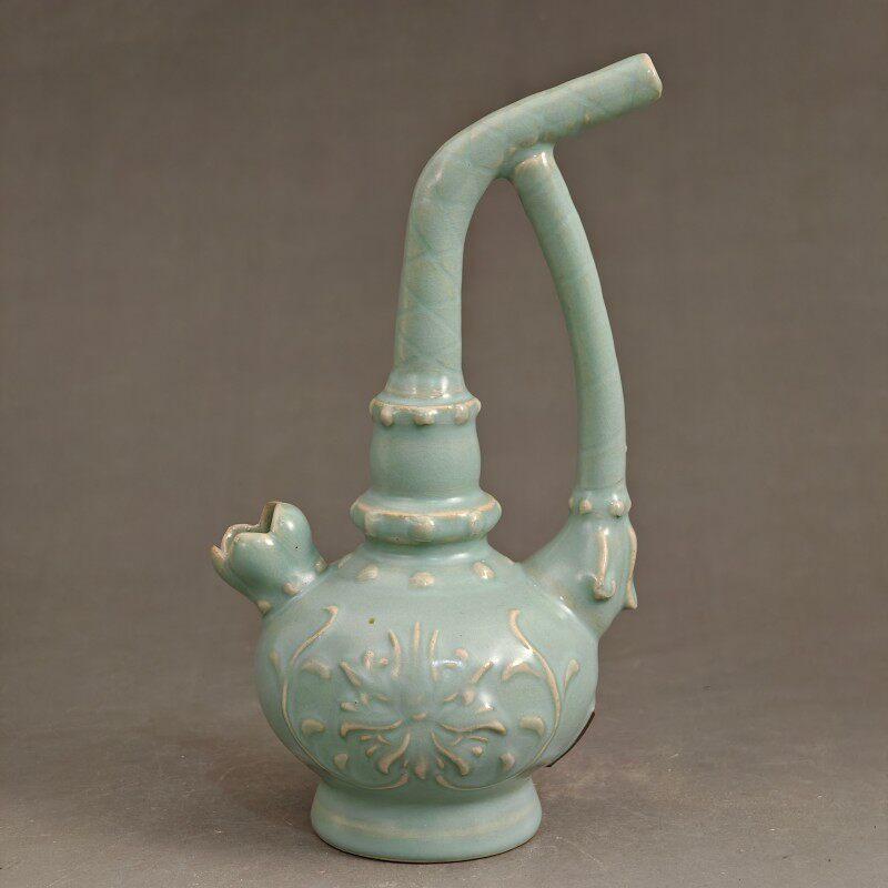 Song Dynasty Ru Kiln Celadon Floral Water Pipe Qingliang Temple Mark Antique Imitation Porcelain Display Piece