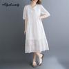 Plus Size Summer Women Cotton Dress V Neck Embroidery Hollow Out Sweet Dress Casual Loose Midi White Elegant Dress