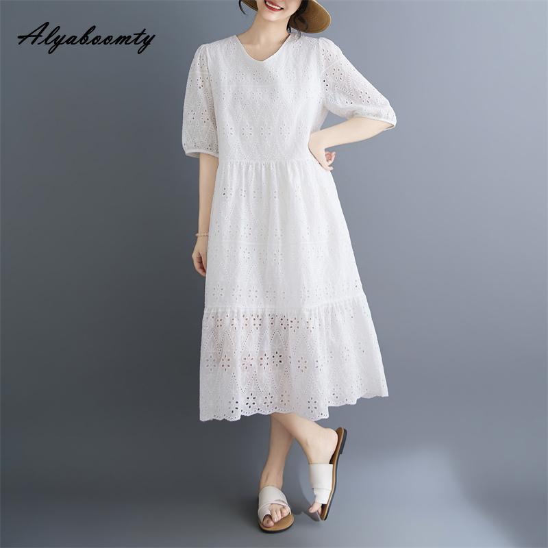 Plus Size Summer Women Cotton Dress V Neck Embroidery Hollow Out Sweet Dress Casual Loose Midi White Elegant Dress