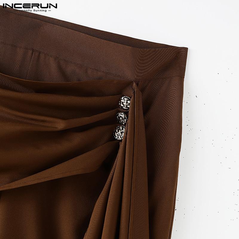 INCERUN Pánské jarní zapínací kalhoty s vysokým pasem, s obmotávacím páskem, patchworkové, ležérní, dlouhé