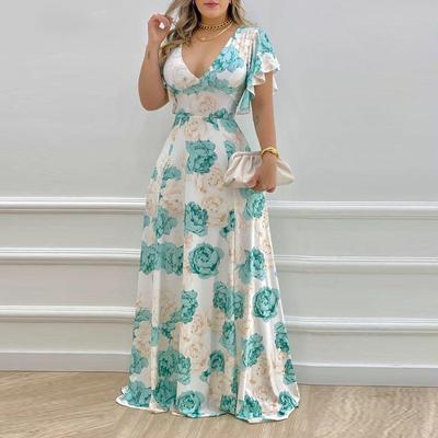 Women's Summer Floral Commuter V-Neck Waisted Printed Swing Dresses