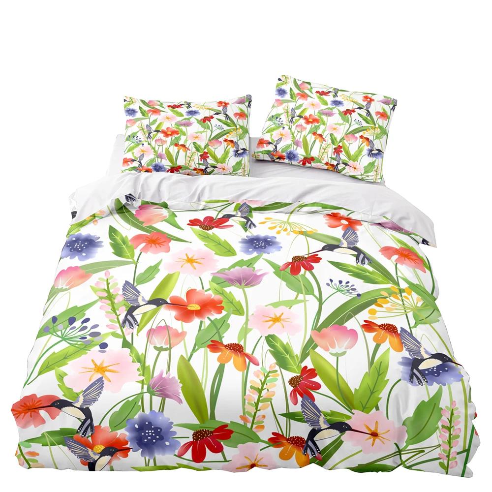 Flowers Parrot King Queen Duvet Cover Cartoon Birds Floral Bedding Set For Adults Animals Leaves 2/3Pcs Polyester Quilt Cover