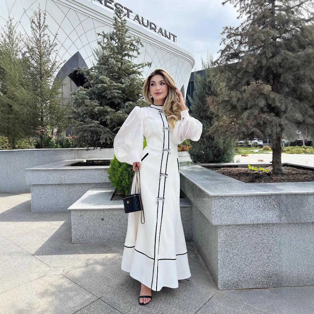 

2024 Элегантное длинное платье с цветовыми блоками и акцентом в виде банта для европейского и американского стиля Large белый