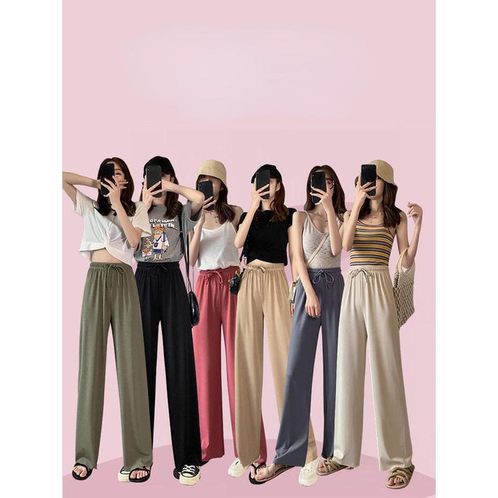 Summer Ladies Ice Silk Light Wide Leg Trousers Girl Solid Color High Waist Loose All-match Straight Casual Pants