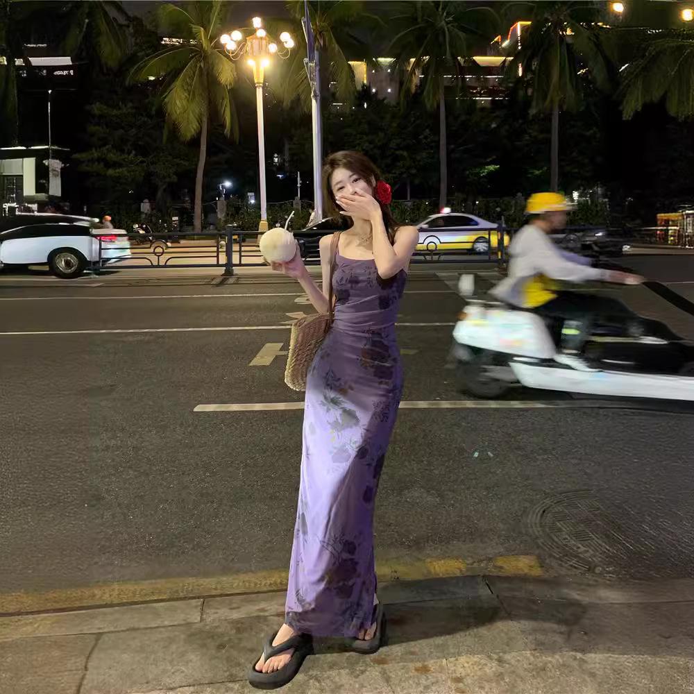 French Purple Floral Spaghetti Strap Dress - Women's Summer 2024 Waist-Hugging Long Tea Dress