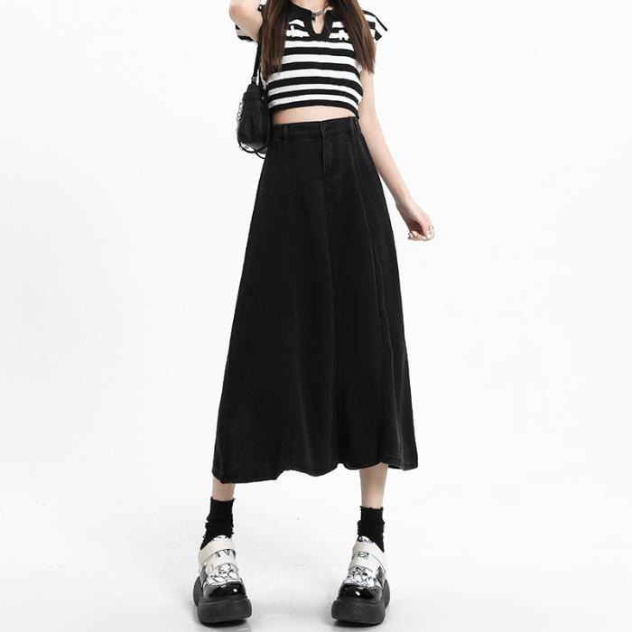 

Теннисная джинсовая юбка женская юбка женская летняя черная свободная узкая юбка-трапеция с высокой талией миди женская летняя XXL чёрный