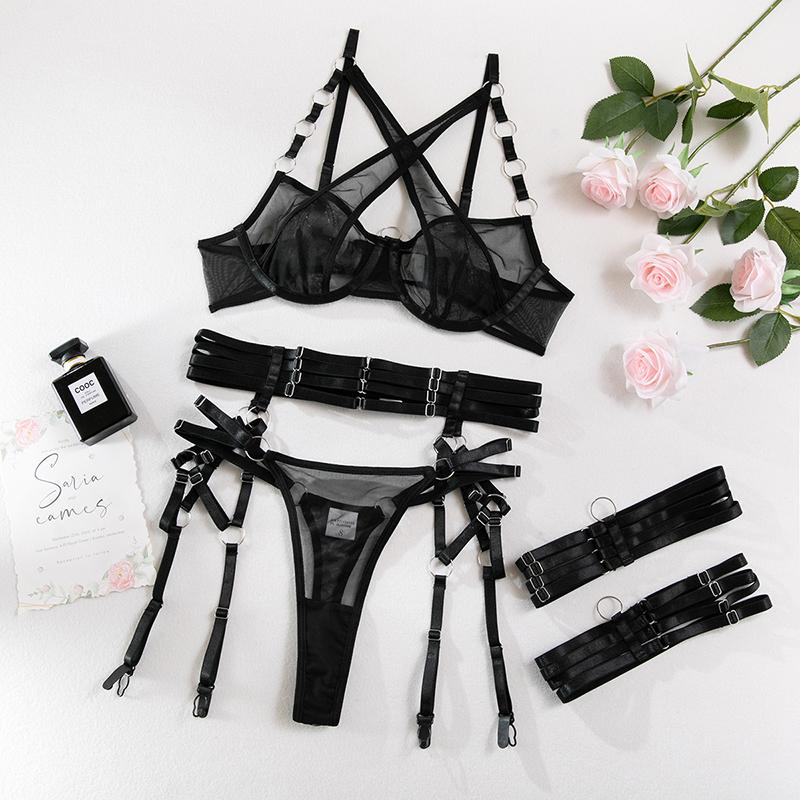 Women's Underwear Set Sexy Lingerie For Female Erotica Cross Transparent Hollow Underwear With Steel Ring