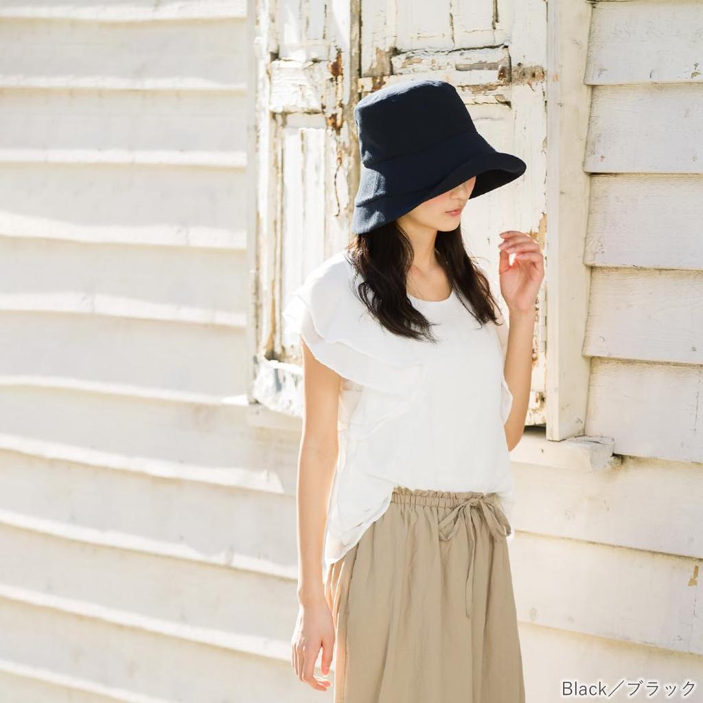 QUEENHEAD UV Protection Hat with Linen Poly Wide UV Big Size Black Drawstring, Brim, Brim, Protection, Women's, (63cm) -