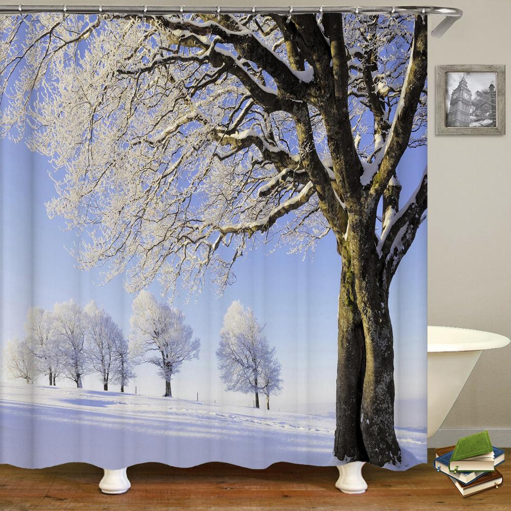 Natural Landscape Shower Curtains Bathroom Curtain Snow Scene Cedar Waterproof Polyester Bath Curtain Home Decorationwith Hooks