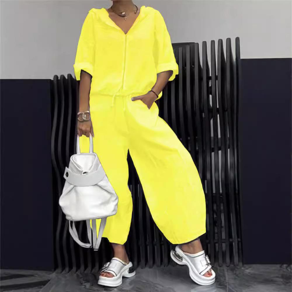 Women's White Casual Hooded Zip-Up Short Sleeve Top with Wide Leg Pants Set
