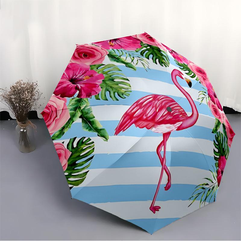 1pc Flamingo Tropical Flowers Automatic Umbrella - Automatic Opening And Closing, Sturdy Iron Frame, Portable Folding Design Yy251018153