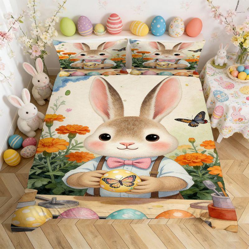 Bedding Pillowcase Quilt Cover 3-Piece Set Rabbit, Easter Egg Pattern, Easter Home Decoration