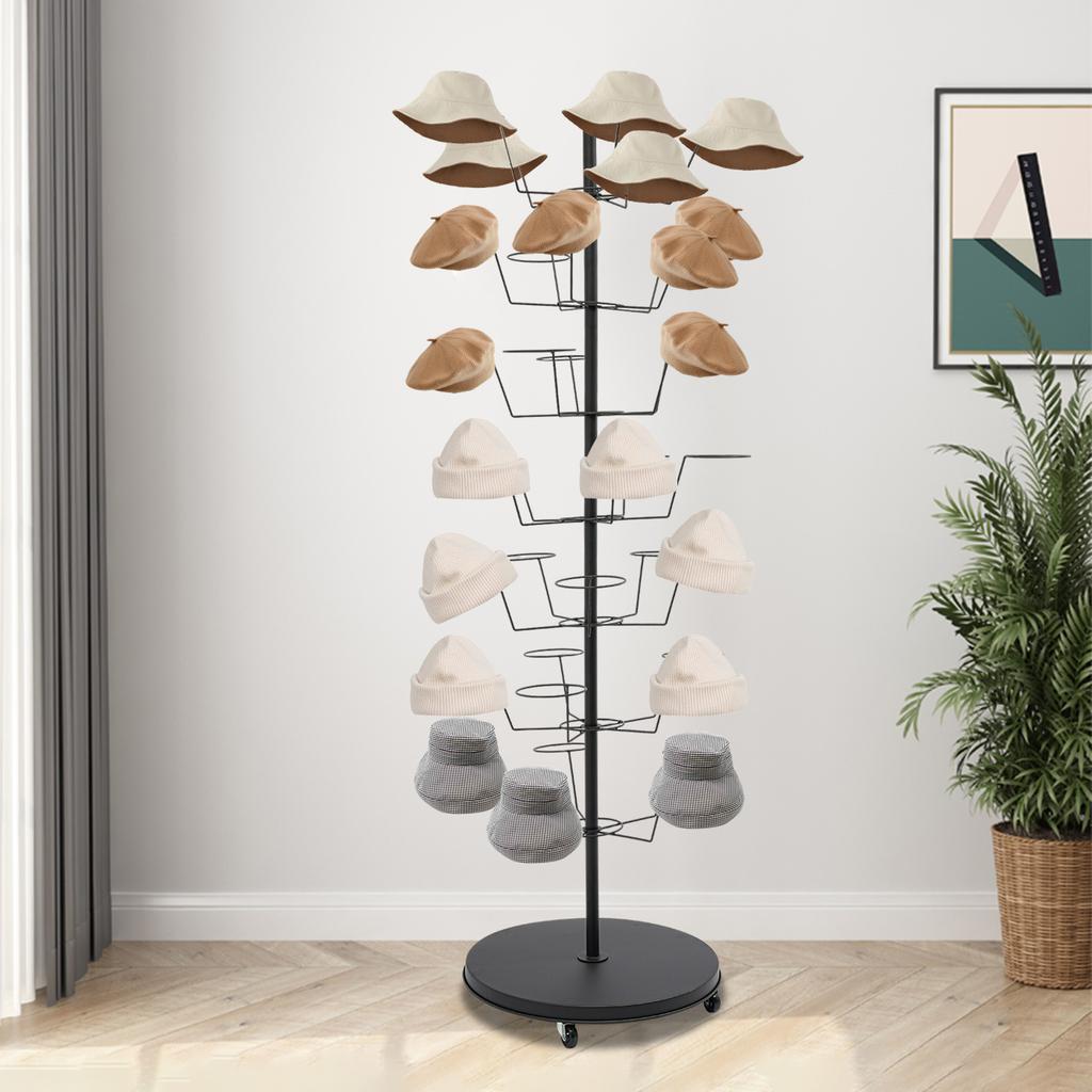 Freestanding Hat Rack, 7-Tier Floor Hat Display Stand Holds 35 Hats, Modern Home Black Steel Organizer W/ 4 Wheels (2 Lockable)