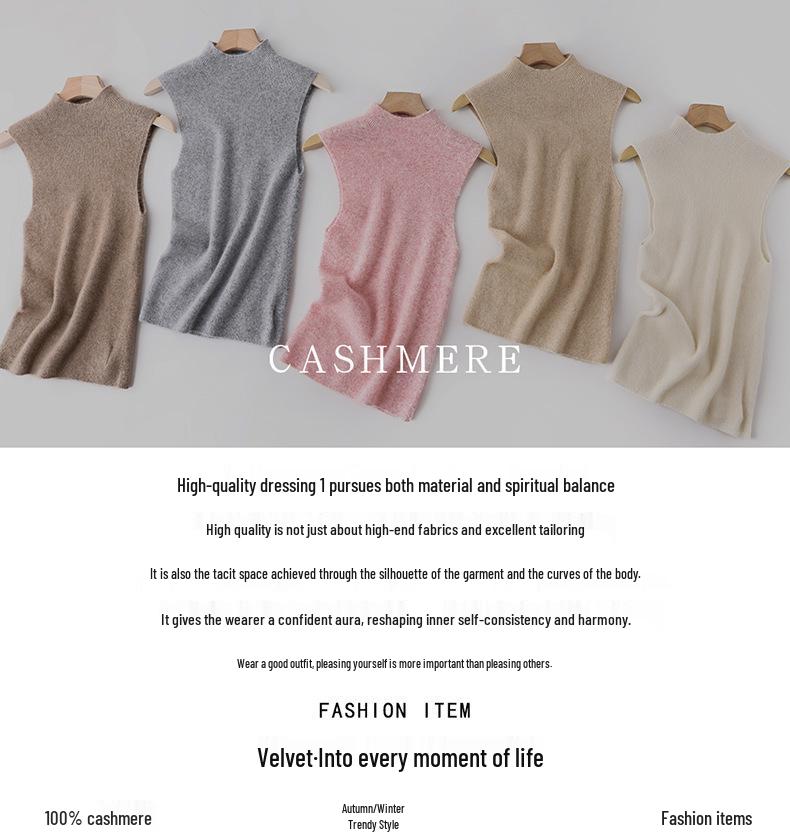 Lekasha Women's 100% Pure Cashmere Sleeveless Vest with Half-High Neck